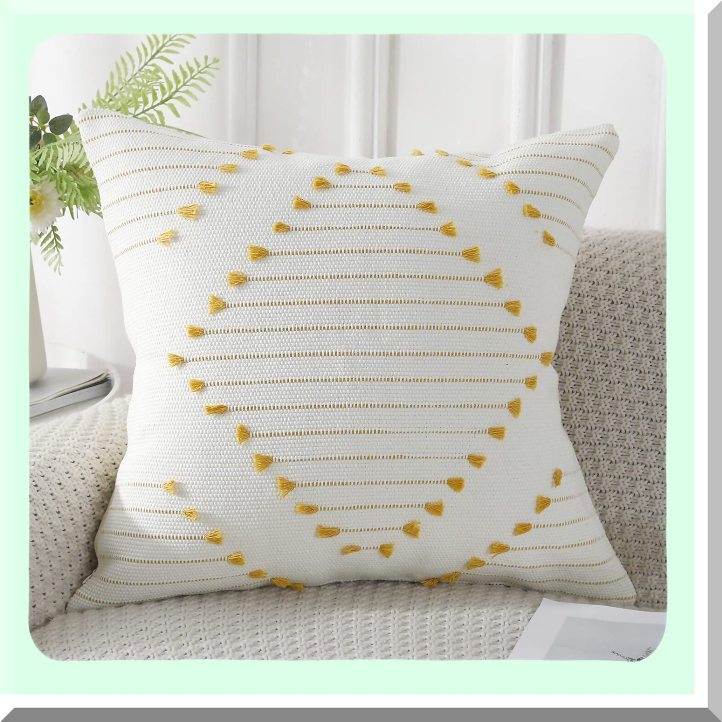 Boho Tufted Throw Pillow Covers - 18x18 inch Decorative Bohemian Cushion Case for Couch, Sofa, Living Room, Car - Farmhouse Yellow & Cream White Square Pillowcase