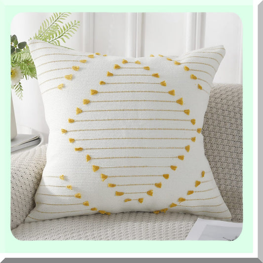 Boho Tufted Throw Pillow Covers - 18x18 inch Decorative Bohemian Cushion Case for Couch, Sofa, Living Room, Car - Farmhouse Yellow & Cream White Square Pillowcase