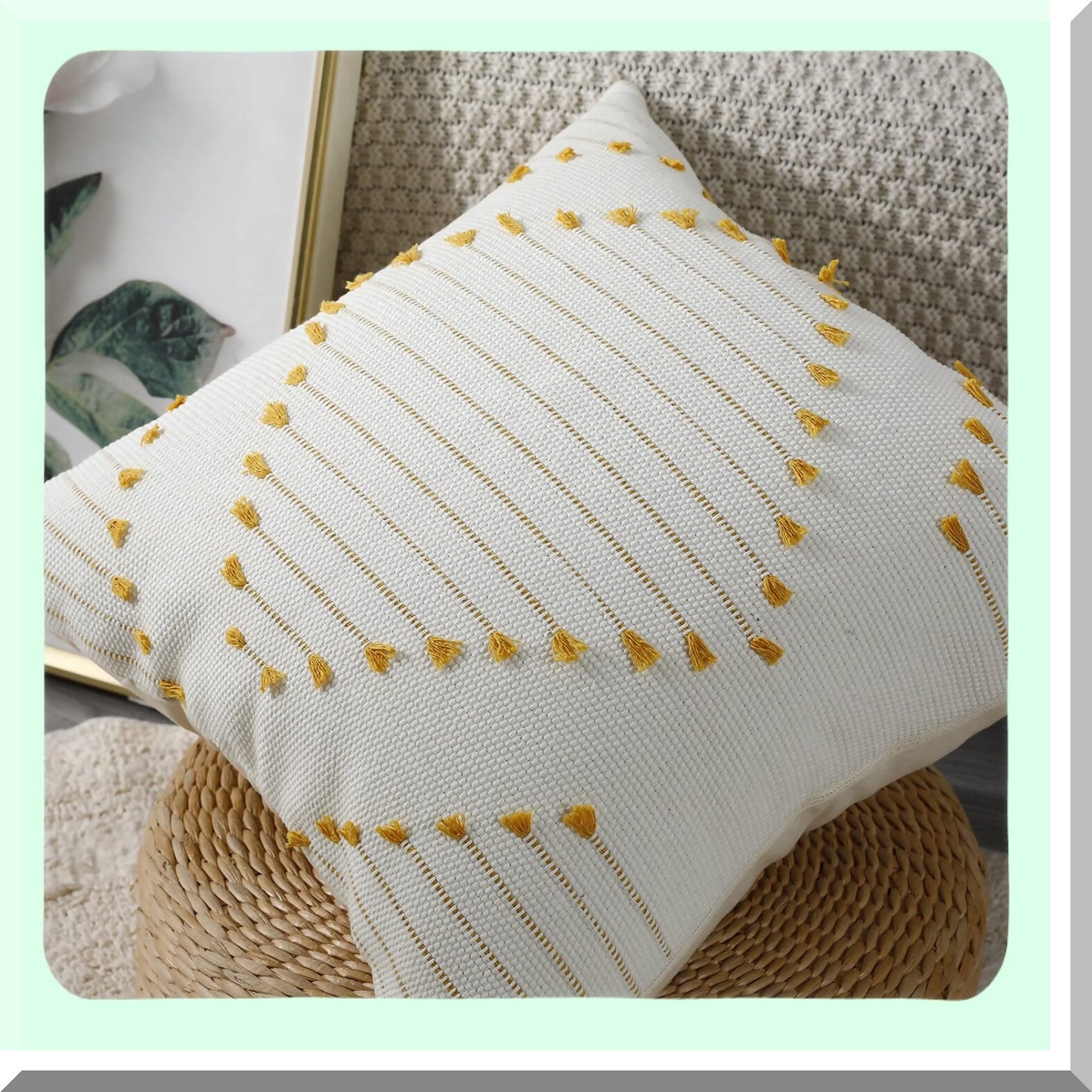 Boho Tufted Throw Pillow Covers - 18x18 inch Decorative Bohemian Cushion Case for Couch, Sofa, Living Room, Car - Farmhouse Yellow & Cream White Square Pillowcase