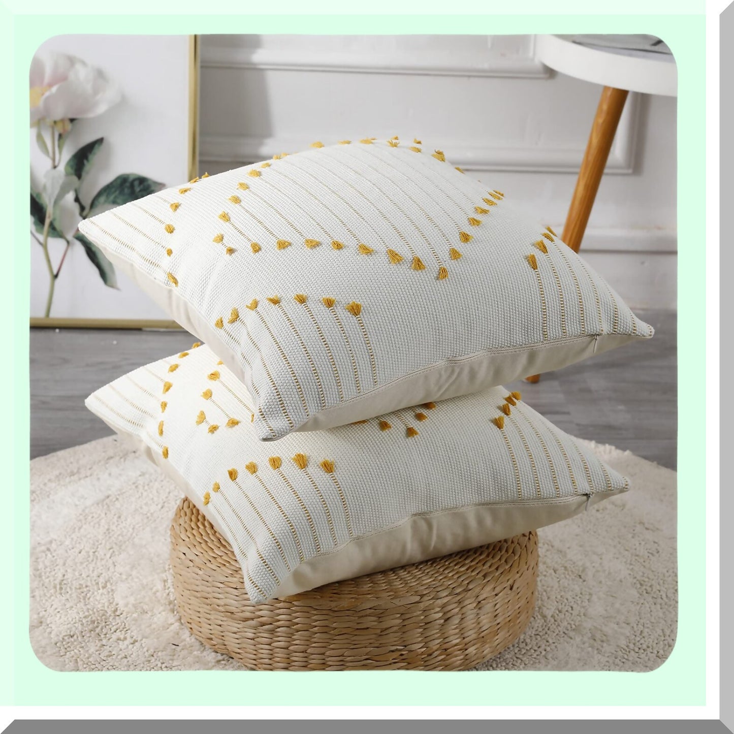 Boho Tufted Throw Pillow Covers - 18x18 inch Decorative Bohemian Cushion Case for Couch, Sofa, Living Room, Car - Farmhouse Yellow & Cream White Square Pillowcase