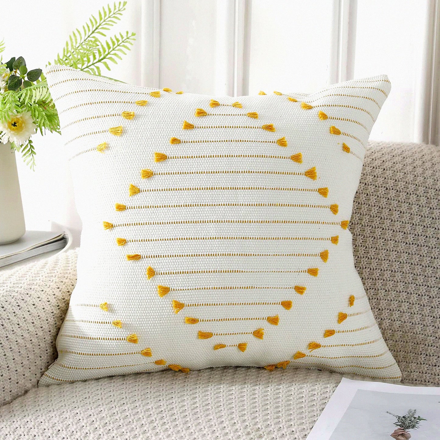 Boho Tufted Throw Pillow Covers - 18x18 inch Decorative Bohemian Cushion Case for Couch, Sofa, Living Room, Car - Farmhouse Yellow & Cream White Square Pillowcase