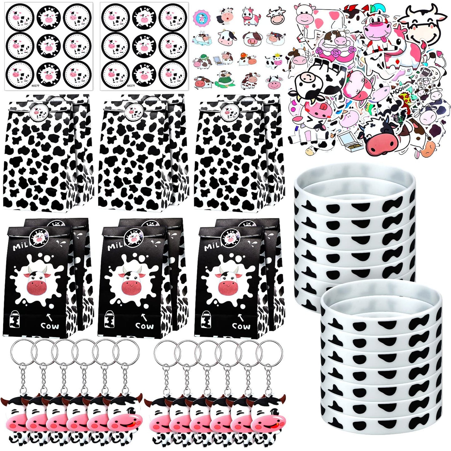Cow Party Pack - Bracelets, Keychain, Bags & Stickers Set | Farm Birthday Supplies for Baby Shower Return Gifts | Novel Style, 104 Pieces