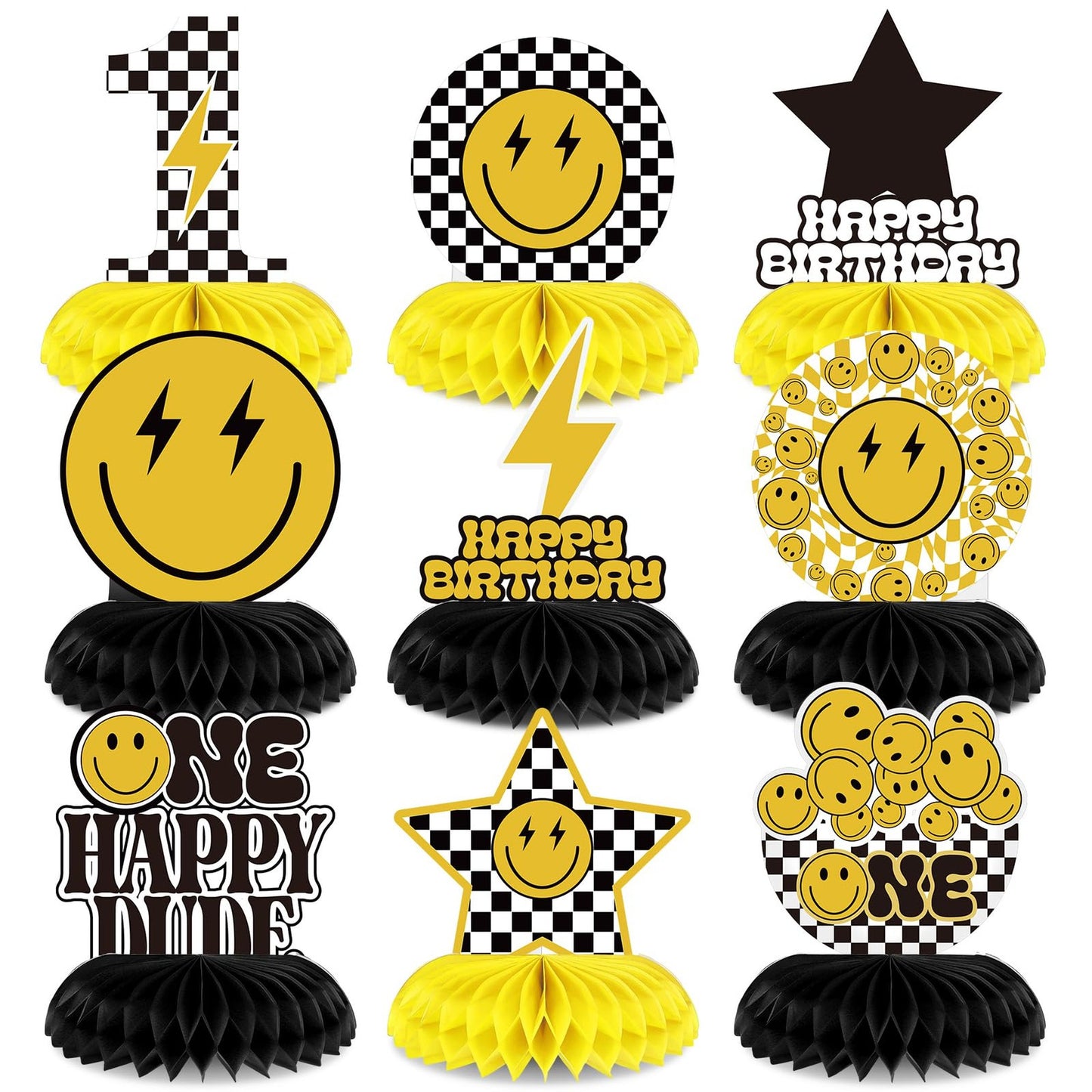 Happy Honeycomb Party Centerpieces - Set of 9 Smile Face Table Toppers for 1st Birthday, Wedding, Baby Shower & Home Decor.