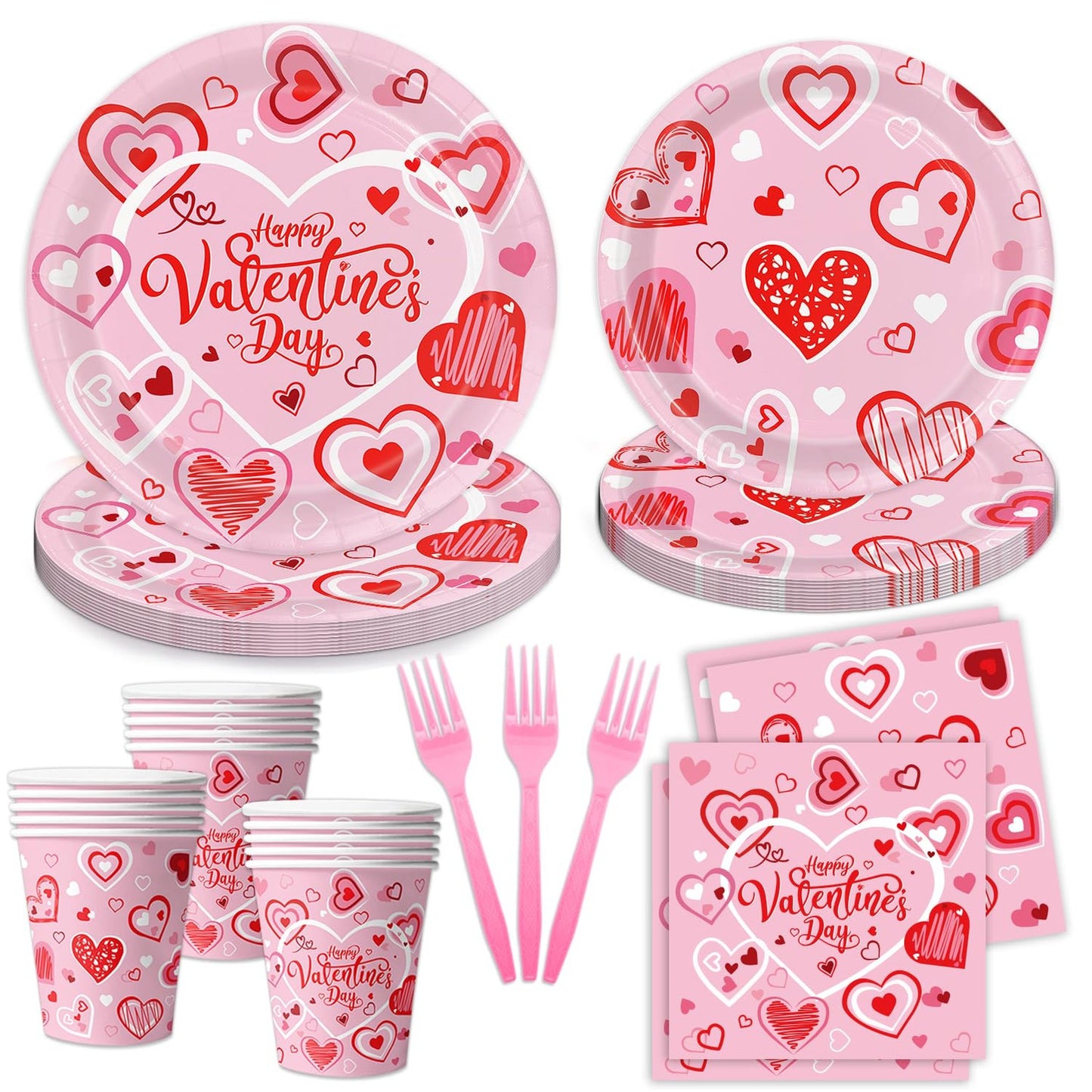 Pink Heart Love Disposable Party Plates Napkins Cups Forks for Special Occasions