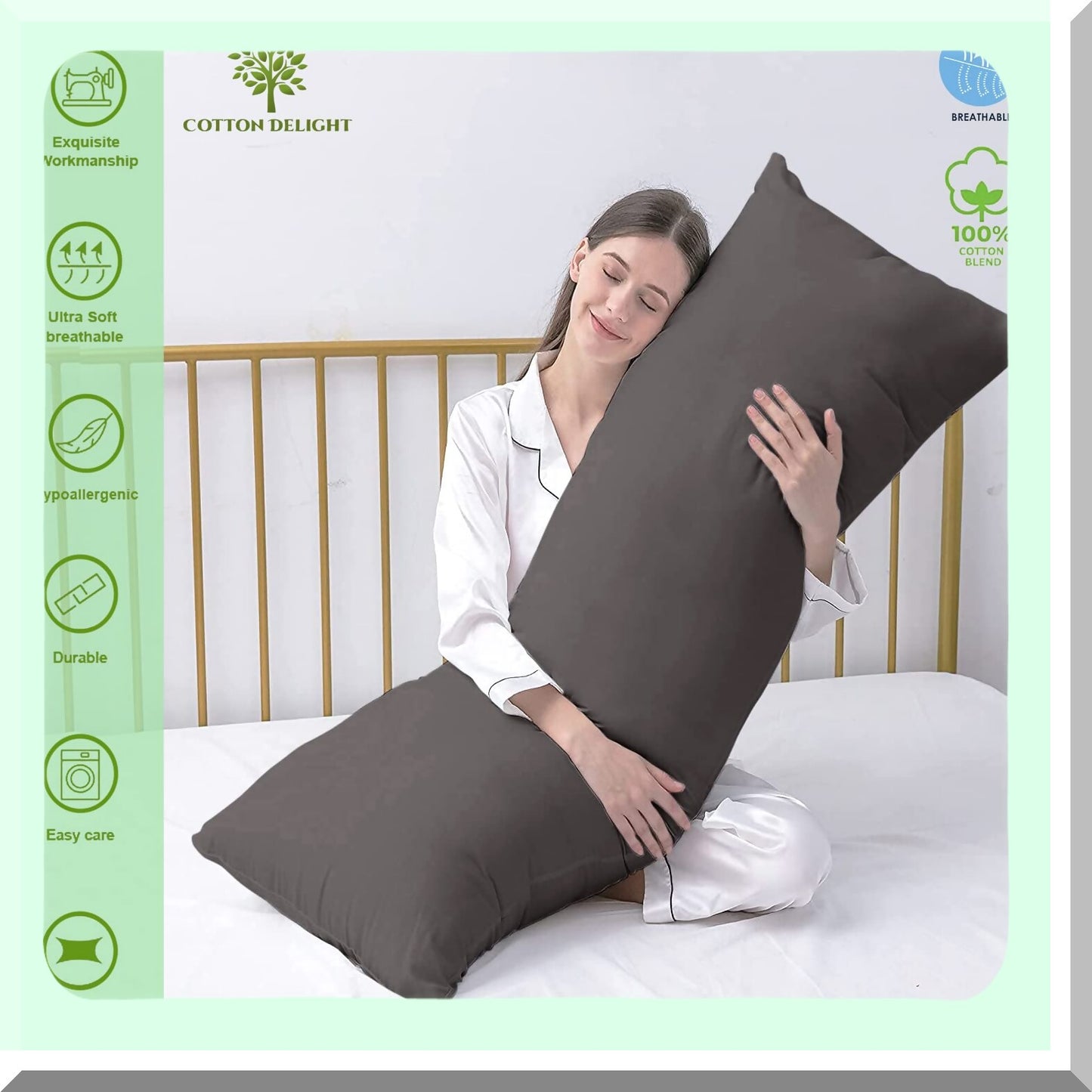 Premium Blend Grey Body Pillowcase - 20 x 48 Zipper Closure - Soft Pillow Cover for Body Pillows - 100% Cotton - 1pc Pillowcase - Grey 20 x 48 inch