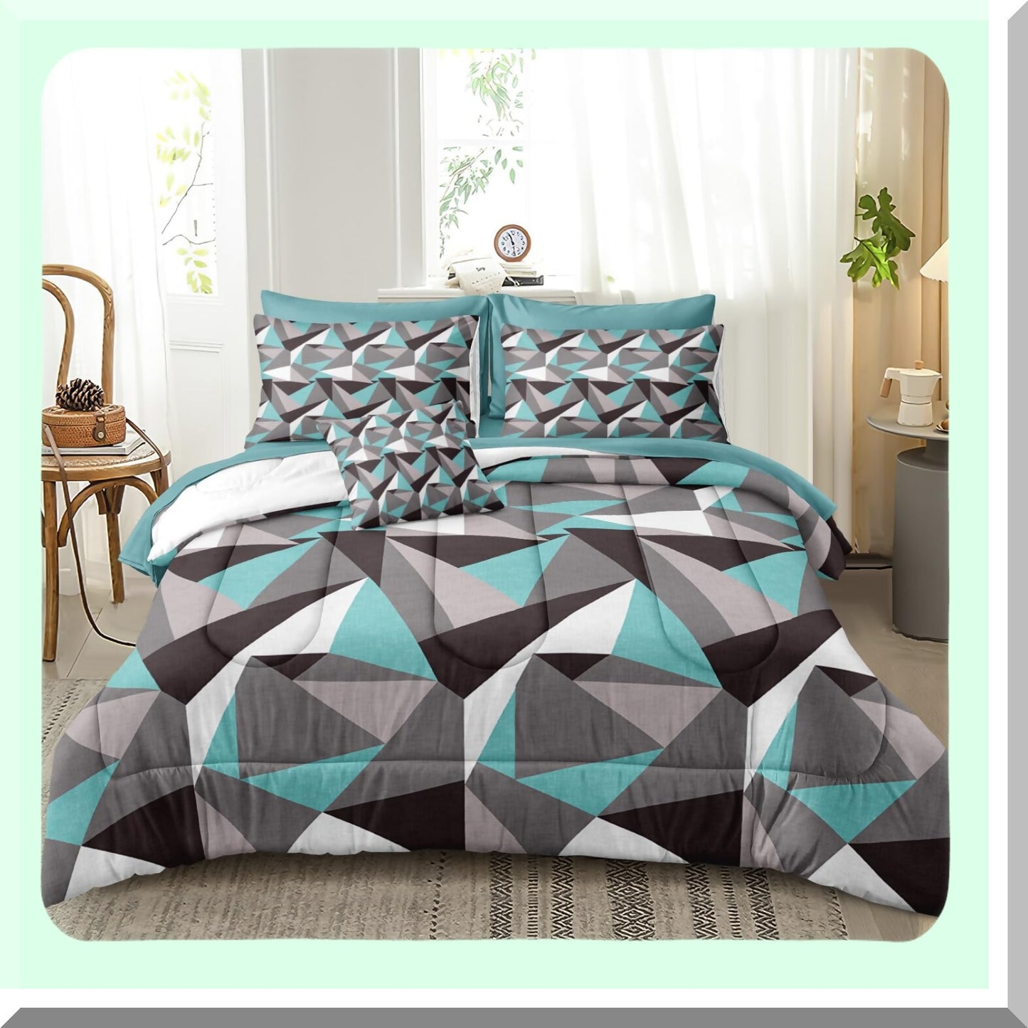 Diamond Teal Geometric Comforter Set - 4 Piece Queen Size Bedding with Gray Triangles Pattern & Marble Design. Includes 1 Cushion Cover.