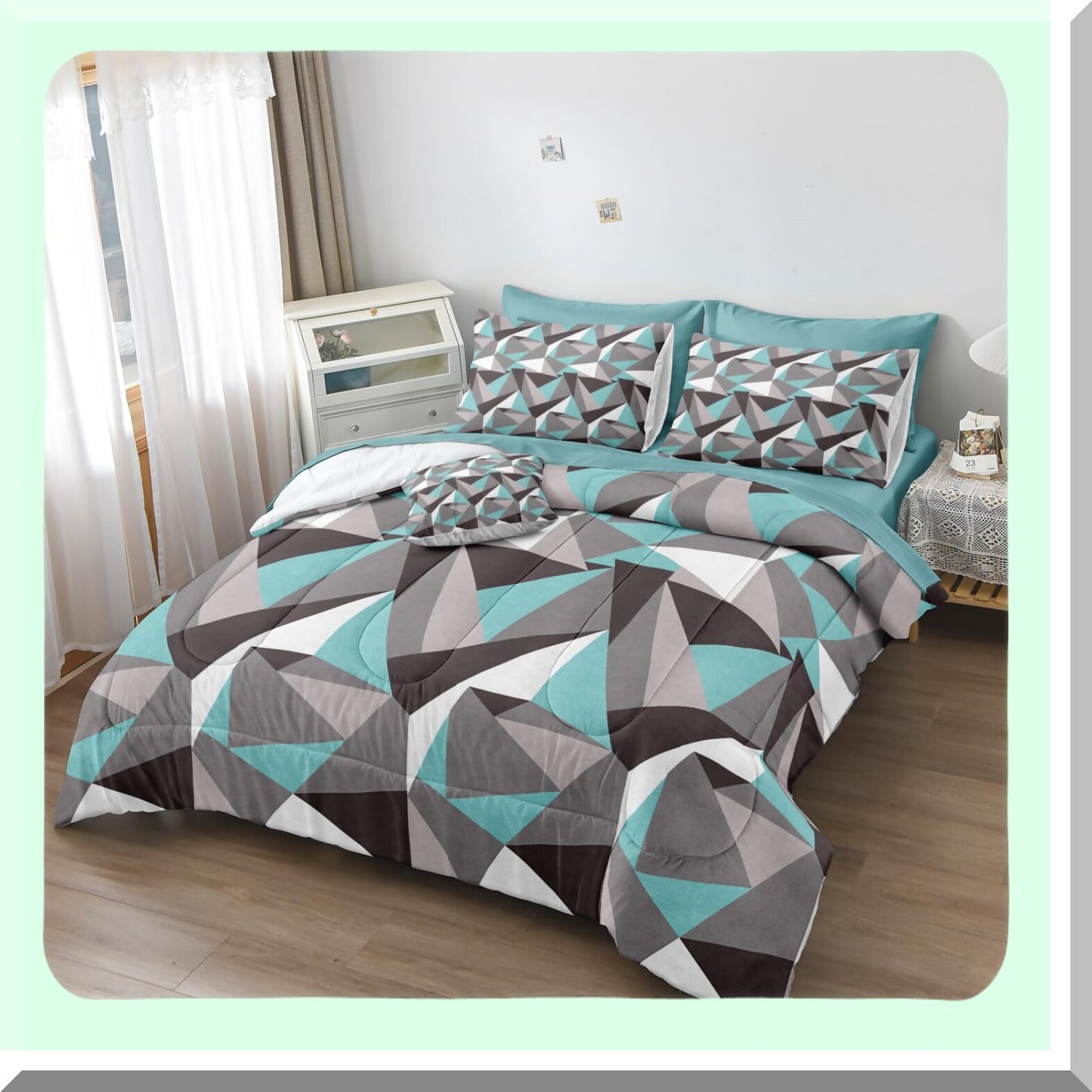 Diamond Teal Geometric Comforter Set - 4 Piece Queen Size Bedding with Gray Triangles Pattern & Marble Design. Includes 1 Cushion Cover.