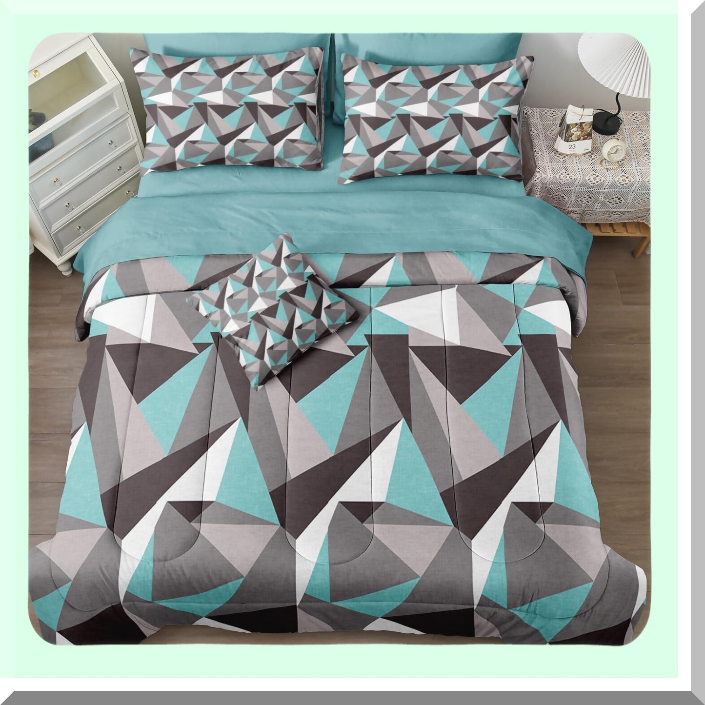 Diamond Teal Geometric Comforter Set - 4 Piece Queen Size Bedding with Gray Triangles Pattern & Marble Design. Includes 1 Cushion Cover.