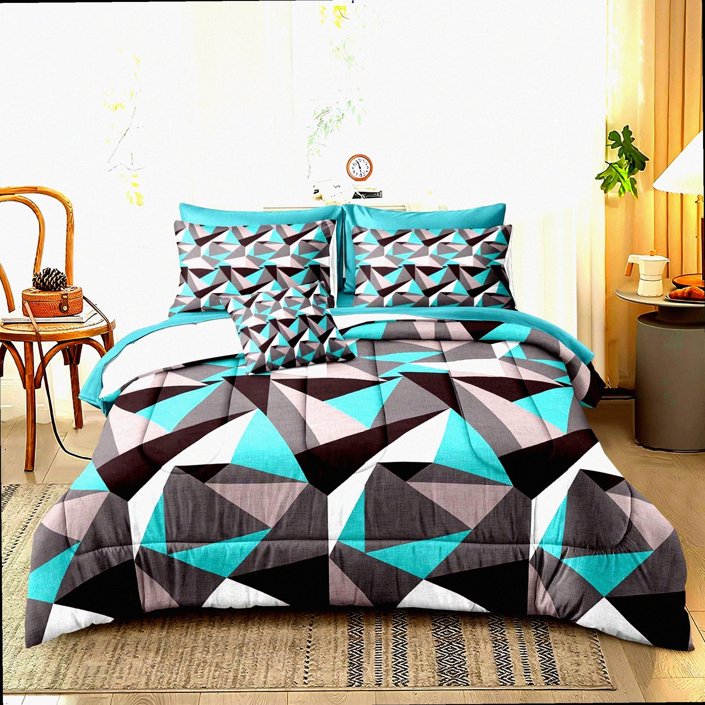 Diamond Teal Geometric Comforter Set - 4 Piece Queen Size Bedding with Gray Triangles Pattern & Marble Design. Includes 1 Cushion Cover.