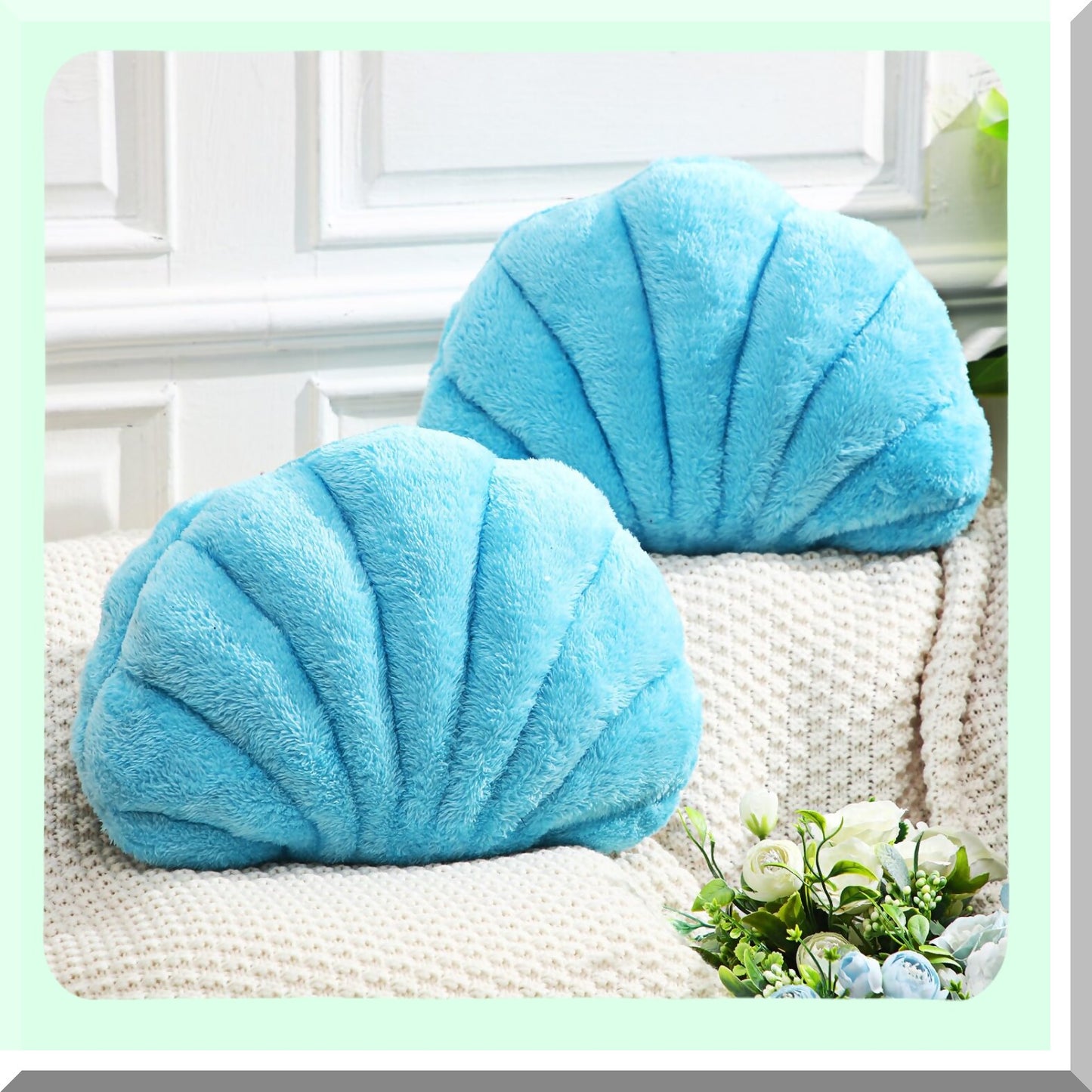 Seashell Dream Pillow Set - 13" Soft Shaped Decorative Cushions for Bedroom & Living Room, Pack of 2 in Blue Color - Coastal Home Decor Accents