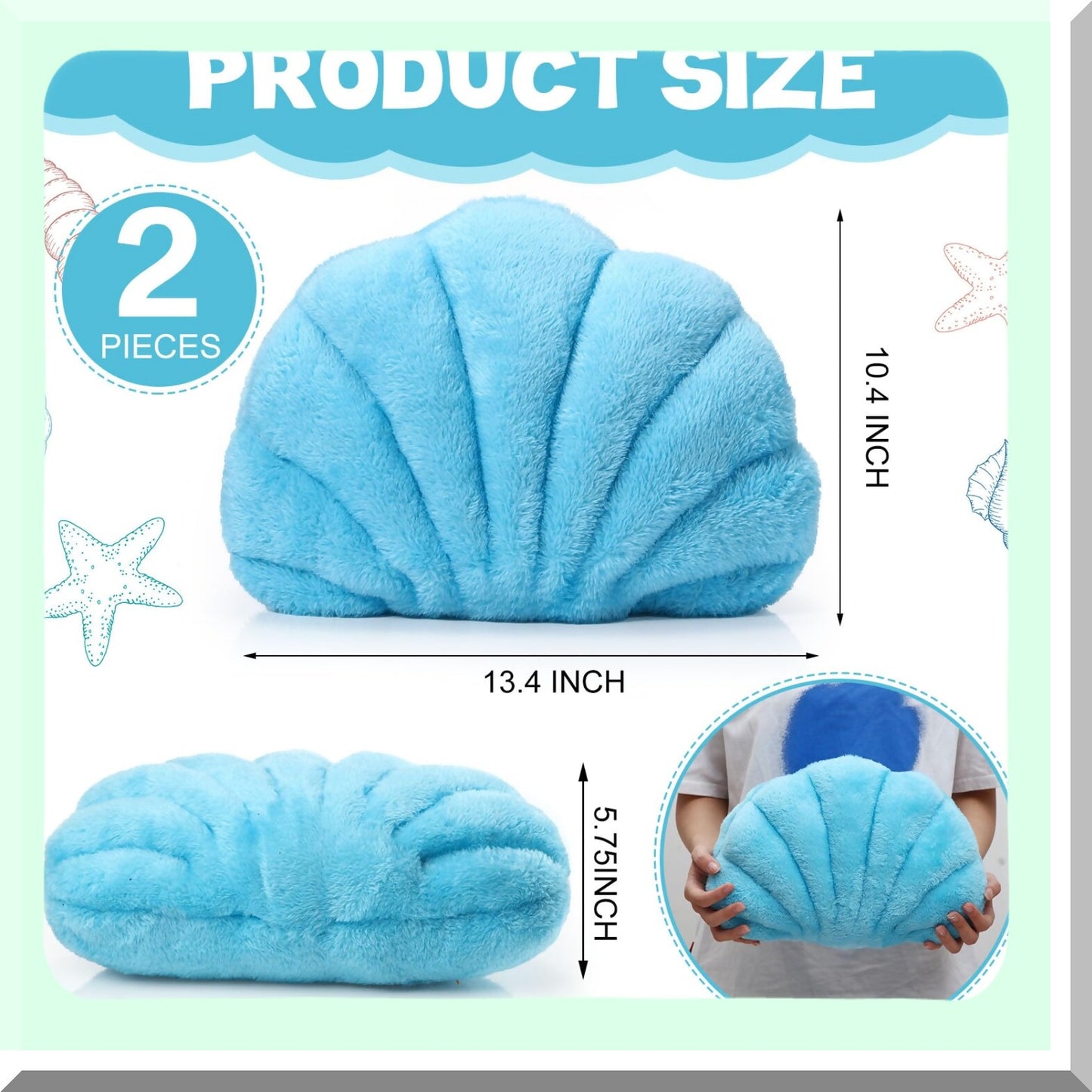 Seashell Dream Pillow Set - 13" Soft Shaped Decorative Cushions for Bedroom & Living Room, Pack of 2 in Blue Color - Coastal Home Decor Accents