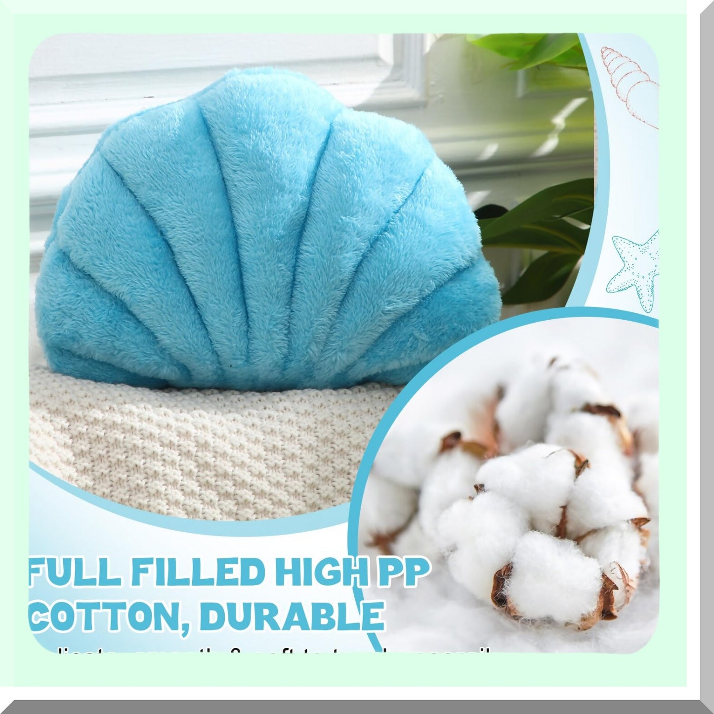 Seashell Dream Pillow Set - 13" Soft Shaped Decorative Cushions for Bedroom & Living Room, Pack of 2 in Blue Color - Coastal Home Decor Accents