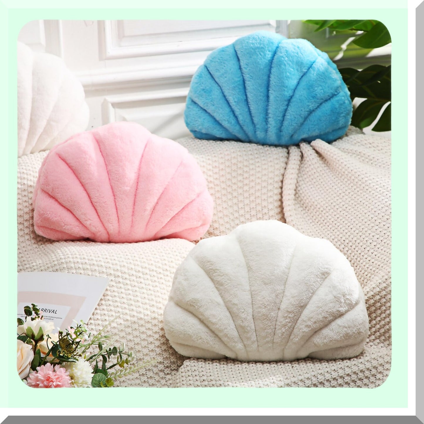Seashell Dream Pillow Set - 13" Soft Shaped Decorative Cushions for Bedroom & Living Room, Pack of 2 in Blue Color - Coastal Home Decor Accents