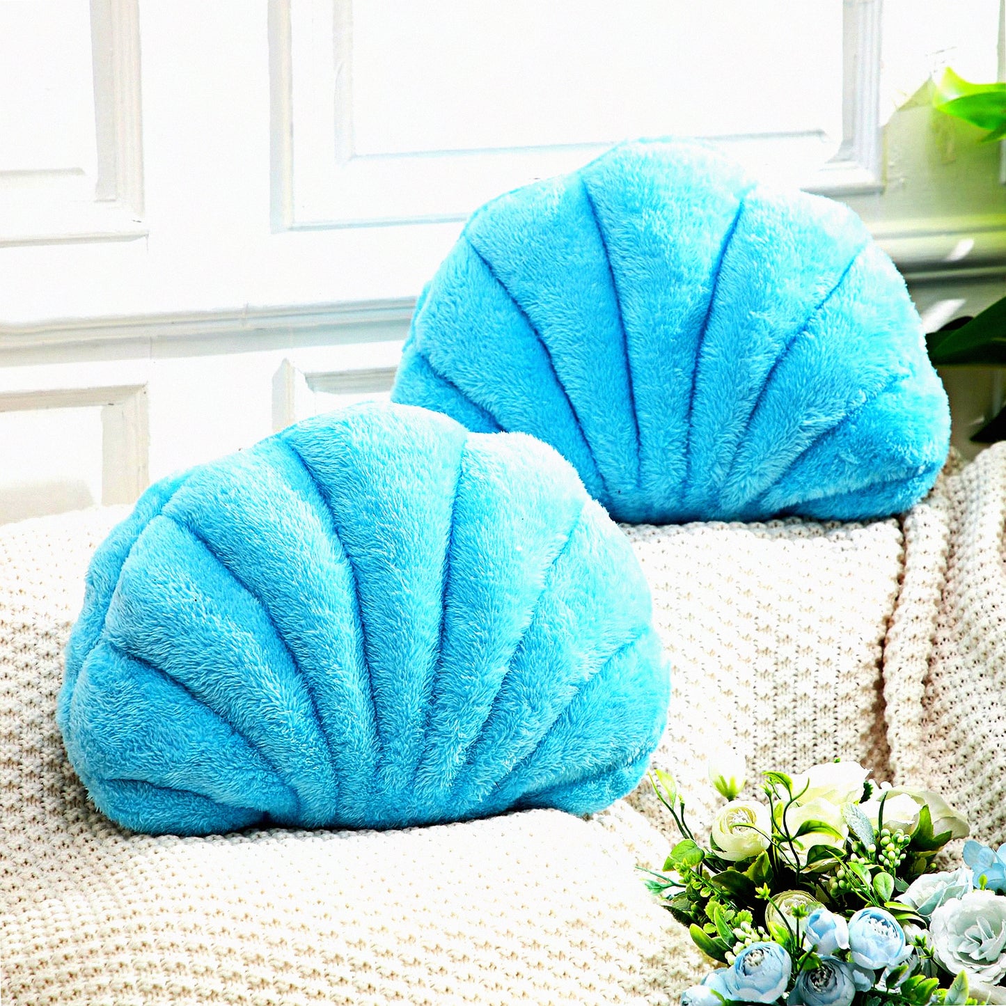 Seashell Dream Pillow Set - 13" Soft Shaped Decorative Cushions for Bedroom & Living Room, Pack of 2 in Blue Color - Coastal Home Decor Accents