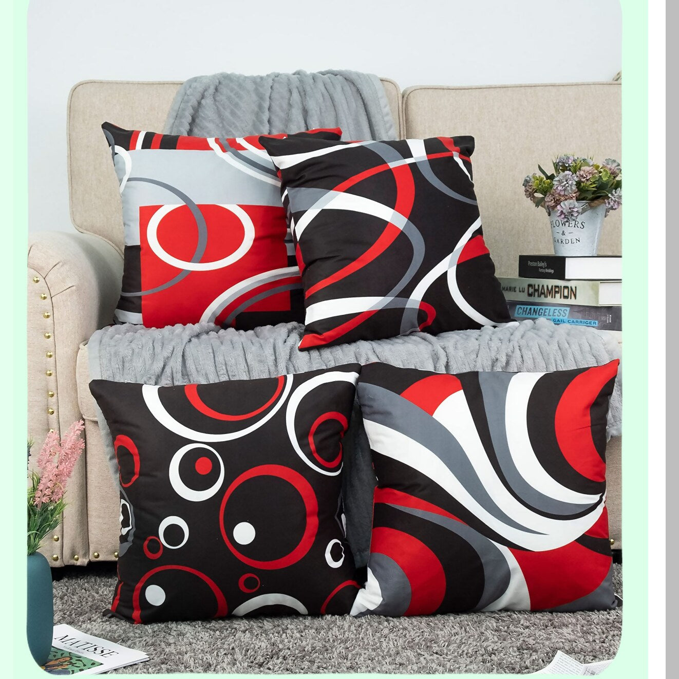 Geometric Abstract Red Black Pillow Covers Set - 20x20 Inches Decorative Square Cushion Cases for Sofa Bed Couch - Pack of 4 Throw Pillow Covers