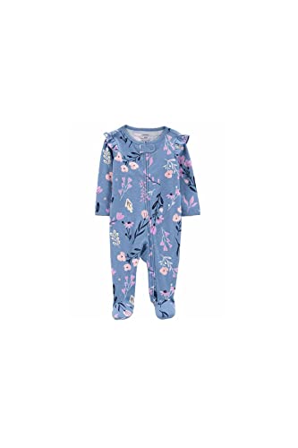 Girls' 1-Piece 100% Snug Fit Footie Sleeper PJs (Blue Ruffle Floral, 3 Months)