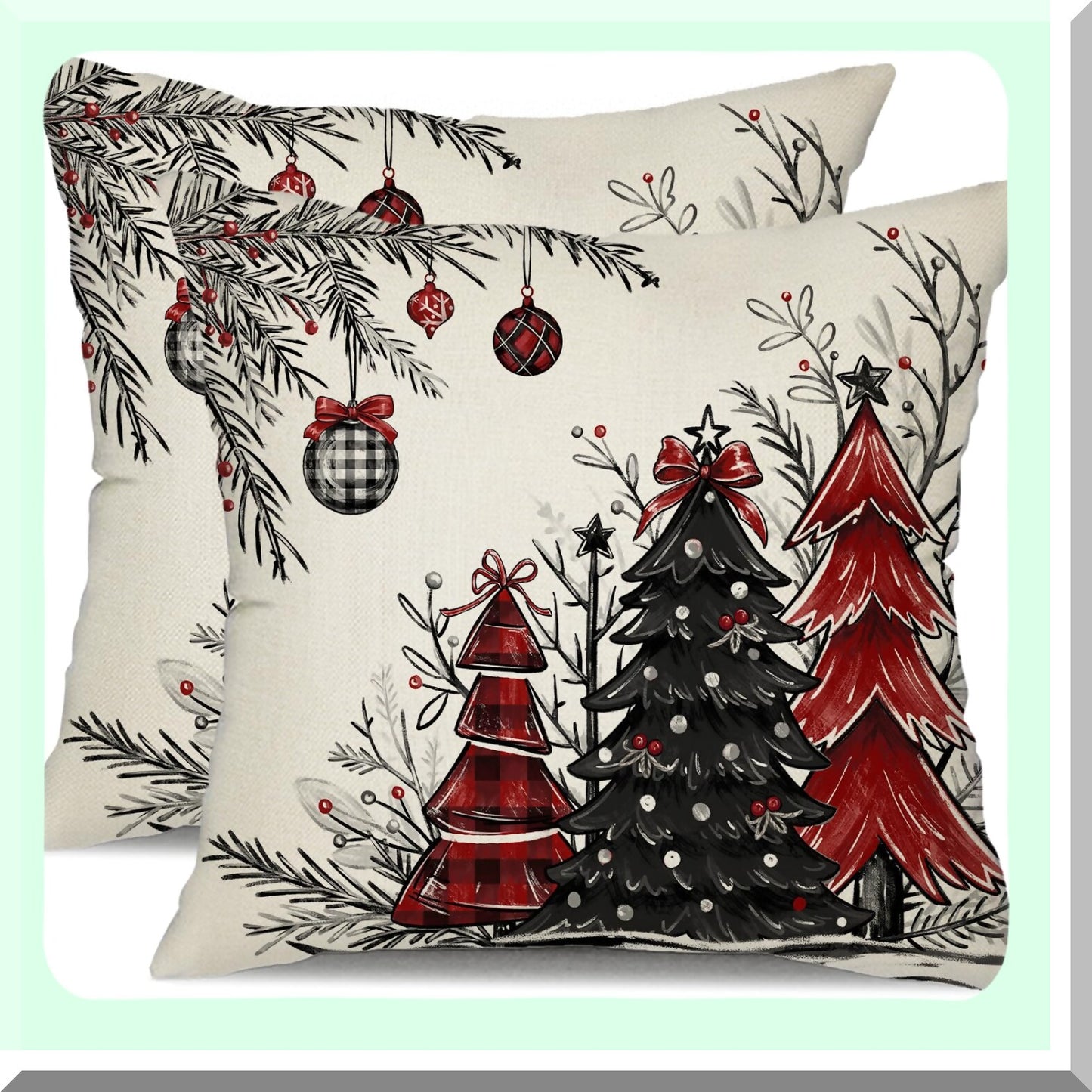 Winter Tree Pillow Covers Set - Red Black 18x18 Inch Decorative Throw Pillows for Home Couch - Pack of 2 - Christmas Holiday Decor