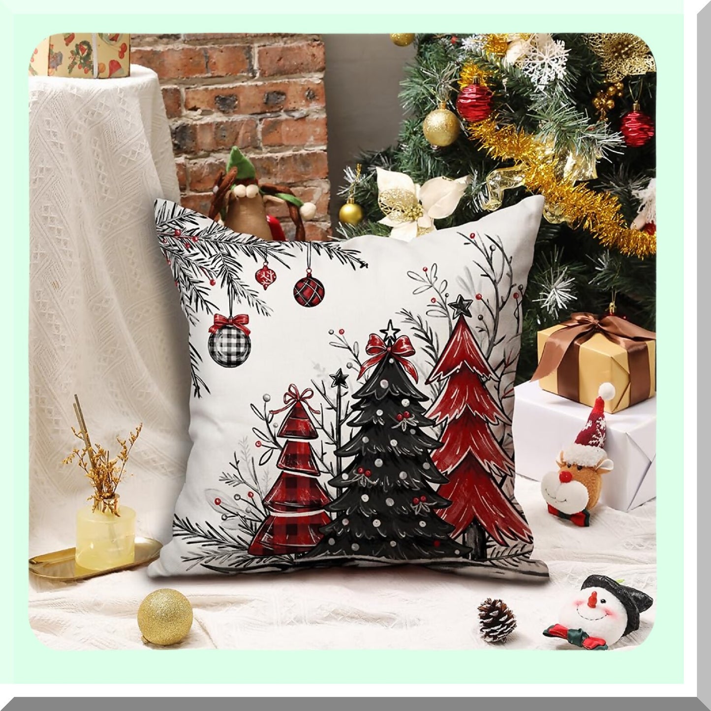 Winter Tree Pillow Covers Set - Red Black 18x18 Inch Decorative Throw Pillows for Home Couch - Pack of 2 - Christmas Holiday Decor