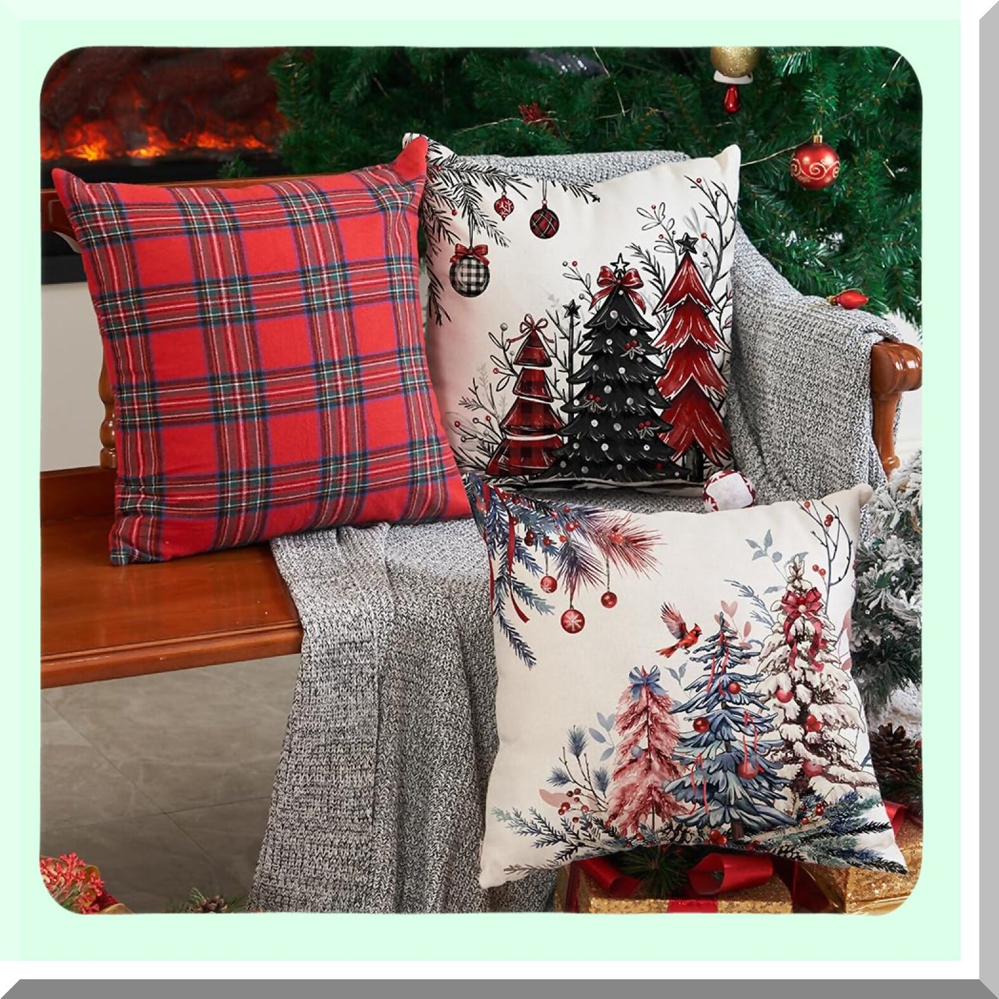 Winter Tree Pillow Covers Set - Red Black 18x18 Inch Decorative Throw Pillows for Home Couch - Pack of 2 - Christmas Holiday Decor