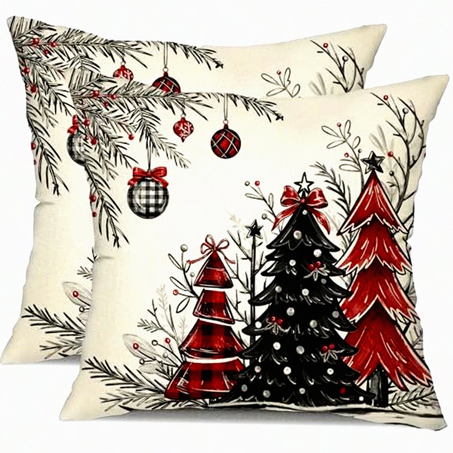 Winter Tree Pillow Covers Set - Red Black 18x18 Inch Decorative Throw Pillows for Home Couch - Pack of 2 - Christmas Holiday Decor