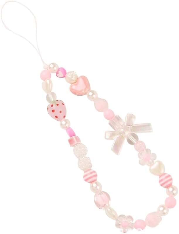Pink Cute Beaded Phone Charm with Strawberry and Pearl Details