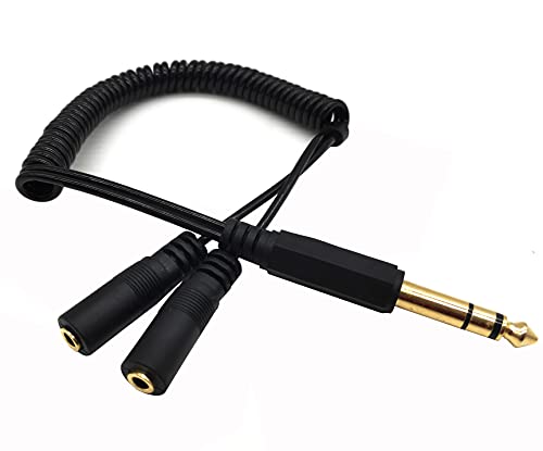 1/4 to Dual 1/8 Y Cable, Coiled 6.35mm TRS Male Stereo Plug to 2 x 3.5mm Female Spiral Splitter Audio Cable for Laptop, CD Players,Mixer, Home Stereo Systems and More (6.35 M to 2x3.5 F)