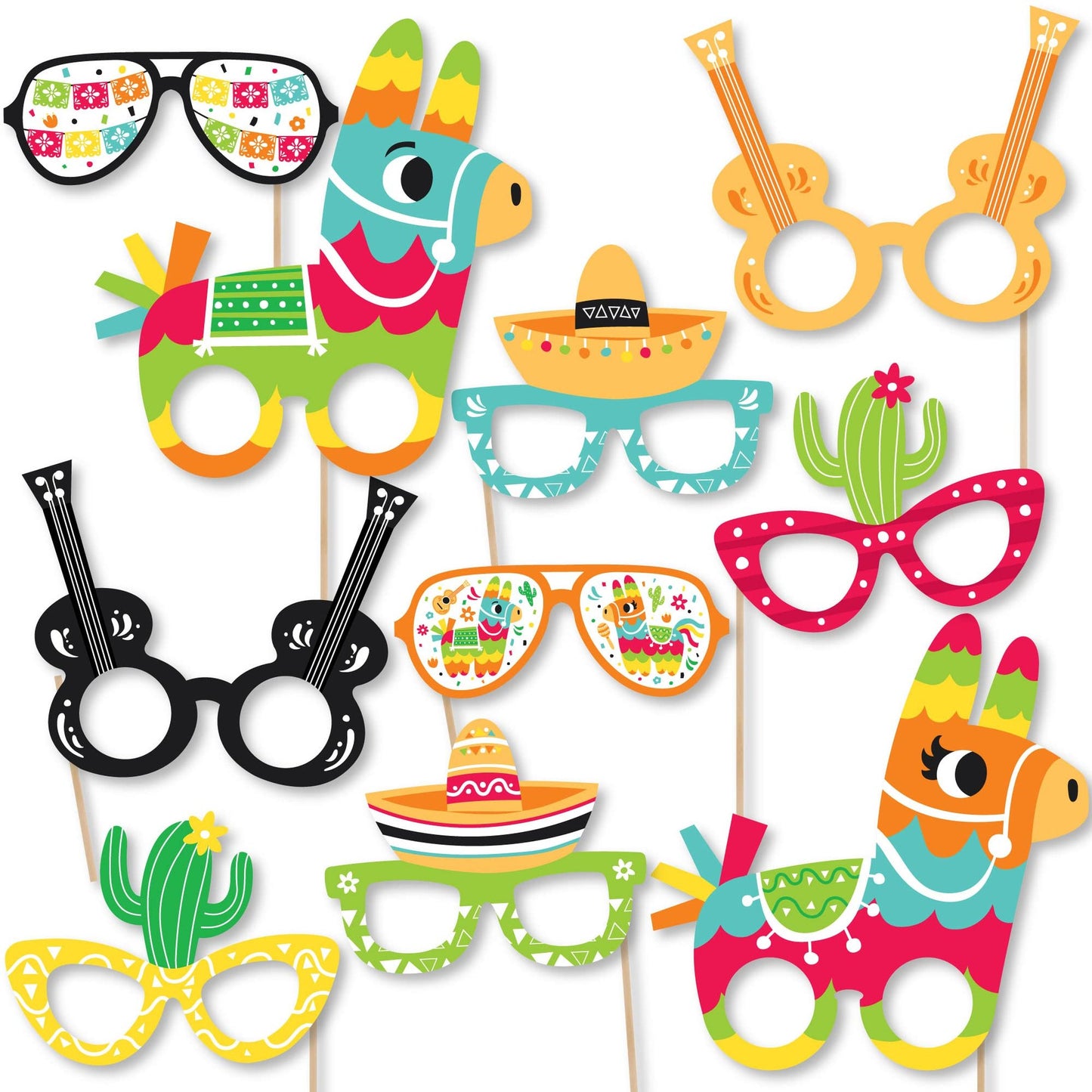 Fiesta Fun Photo Booth Props Kit - 10 Colorful Pinata Party Glasses Paper Card Stock Props for a Festive Celebration!