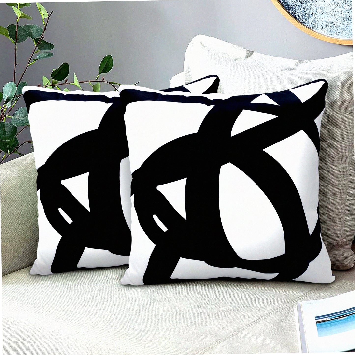 Boho Art Abstract Pillow Covers - Set of 2 Black & White 18x18 Throw Cushion Cases for Sofa Couch Bed Home Outdoor Decor
