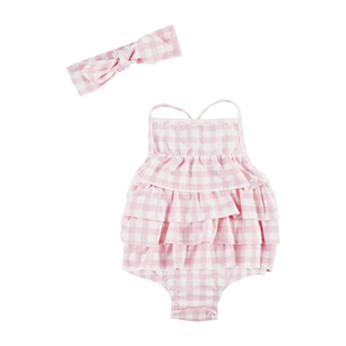 Girls Baby One Piece Swimsuit and Headband Set, Gingham, 3-6 Months