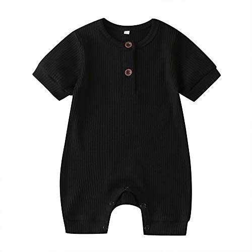 Uni    Baby Boy Girl Short Sleeve Button Romper Jumpsuit One-Piece Outfits Solid Color Clothes (Black, 0-3Months)