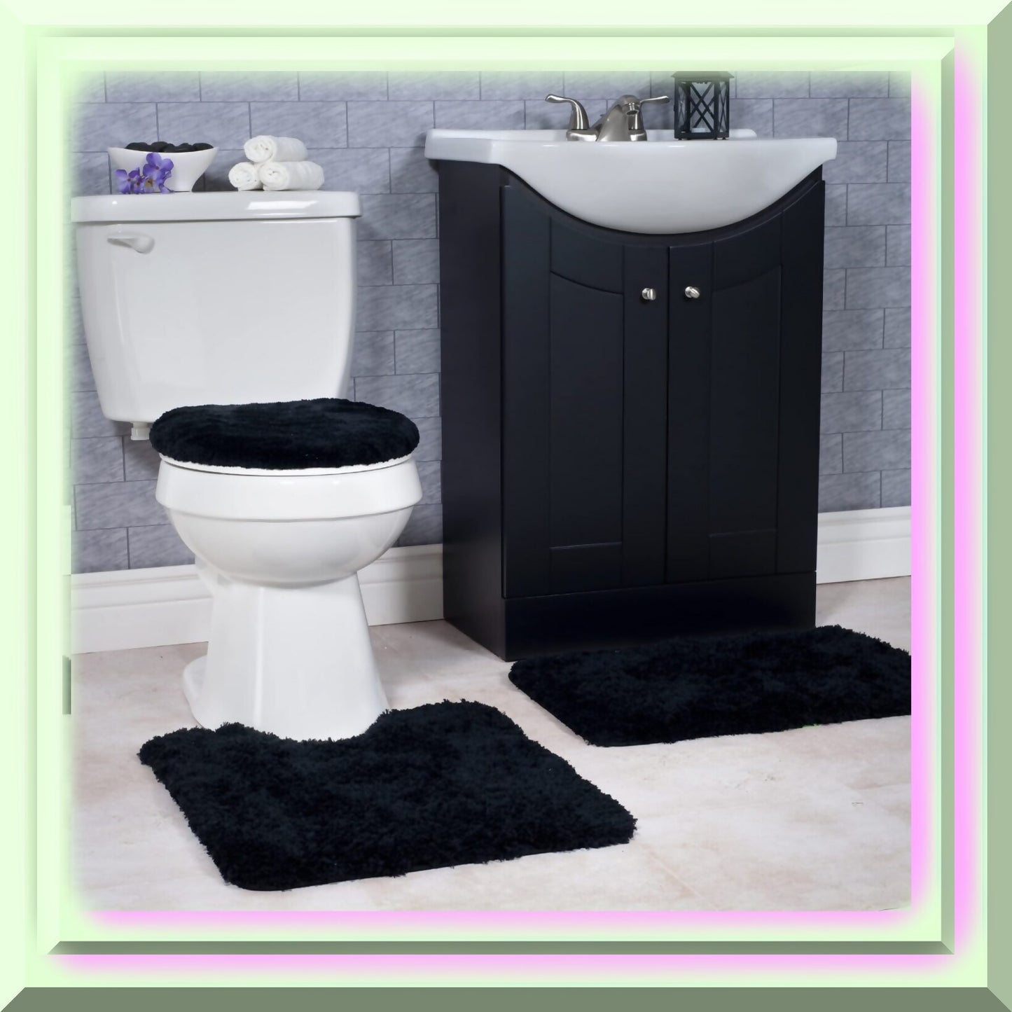 3 Piece Black Plush Bath Rug Set