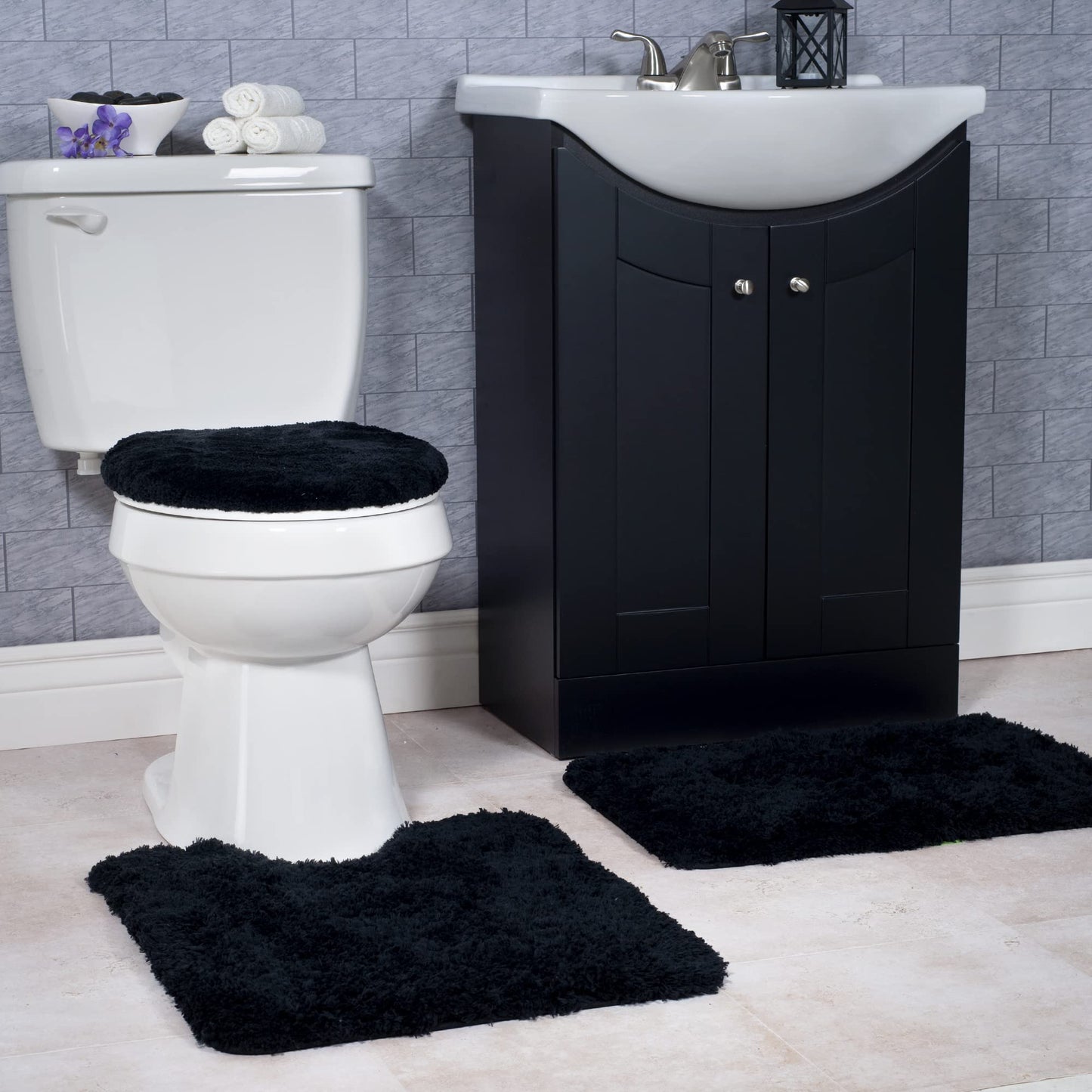 3 Piece Black Plush Bath Rug Set