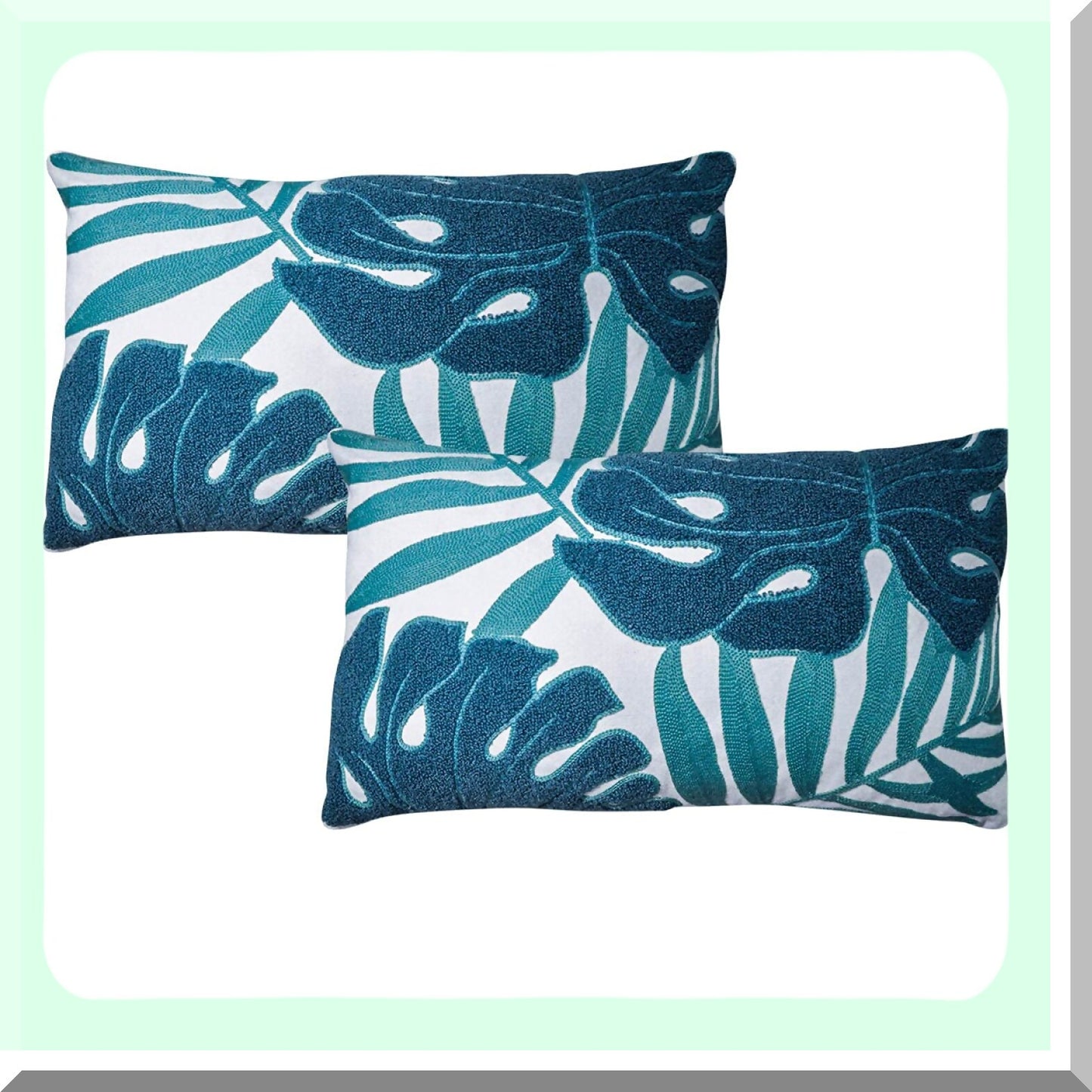 Tropical Leaf Palm Pattern Embroidery Pillow Covers - Set of 2, Comfy Woven Decorative Cushion Cases for Couch Sofa Bedroom Car, 12 x 20 Inch