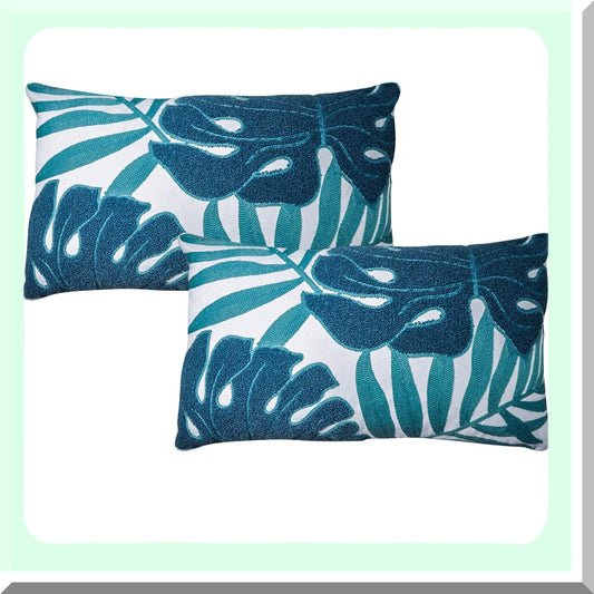 Tropical Leaf Palm Pattern Embroidery Pillow Covers - Set of 2, Comfy Woven Decorative Cushion Cases for Couch Sofa Bedroom Car, 12 x 20 Inch