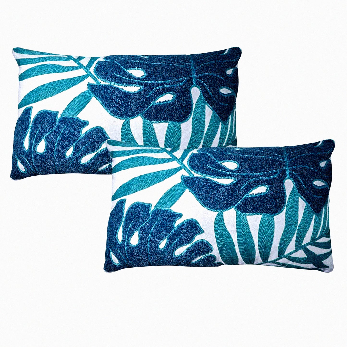 Tropical Leaf Palm Pattern Embroidery Pillow Covers - Set of 2, Comfy Woven Decorative Cushion Cases for Couch Sofa Bedroom Car, 12 x 20 Inch
