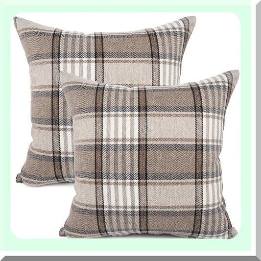 Retro Buffalo Tartan Plaid Linen Pillowcase - Farmhouse Decorative Cushion Cover for Sofa Chair - Indoor/Outdoor Throw Pillow Case, Brown - Set of 2, 22x22inch
