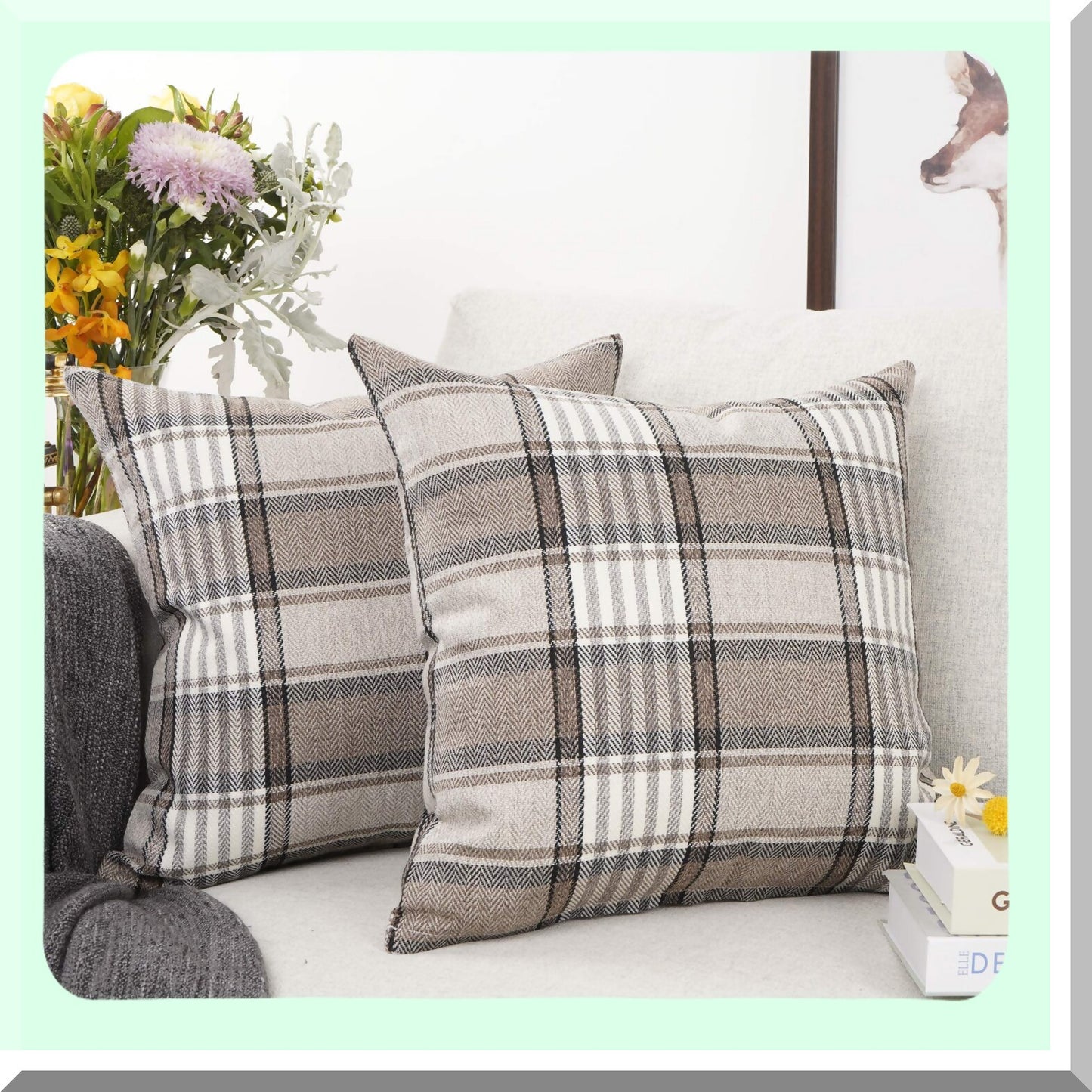 Retro Buffalo Tartan Plaid Linen Pillowcase - Farmhouse Decorative Cushion Cover for Sofa Chair - Indoor/Outdoor Throw Pillow Case, Brown - Set of 2, 22x22inch