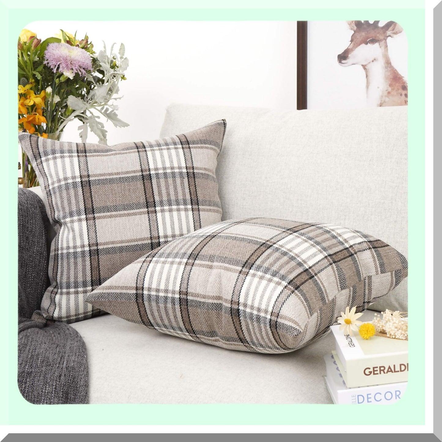 Retro Buffalo Tartan Plaid Linen Pillowcase - Farmhouse Decorative Cushion Cover for Sofa Chair - Indoor/Outdoor Throw Pillow Case, Brown - Set of 2, 22x22inch