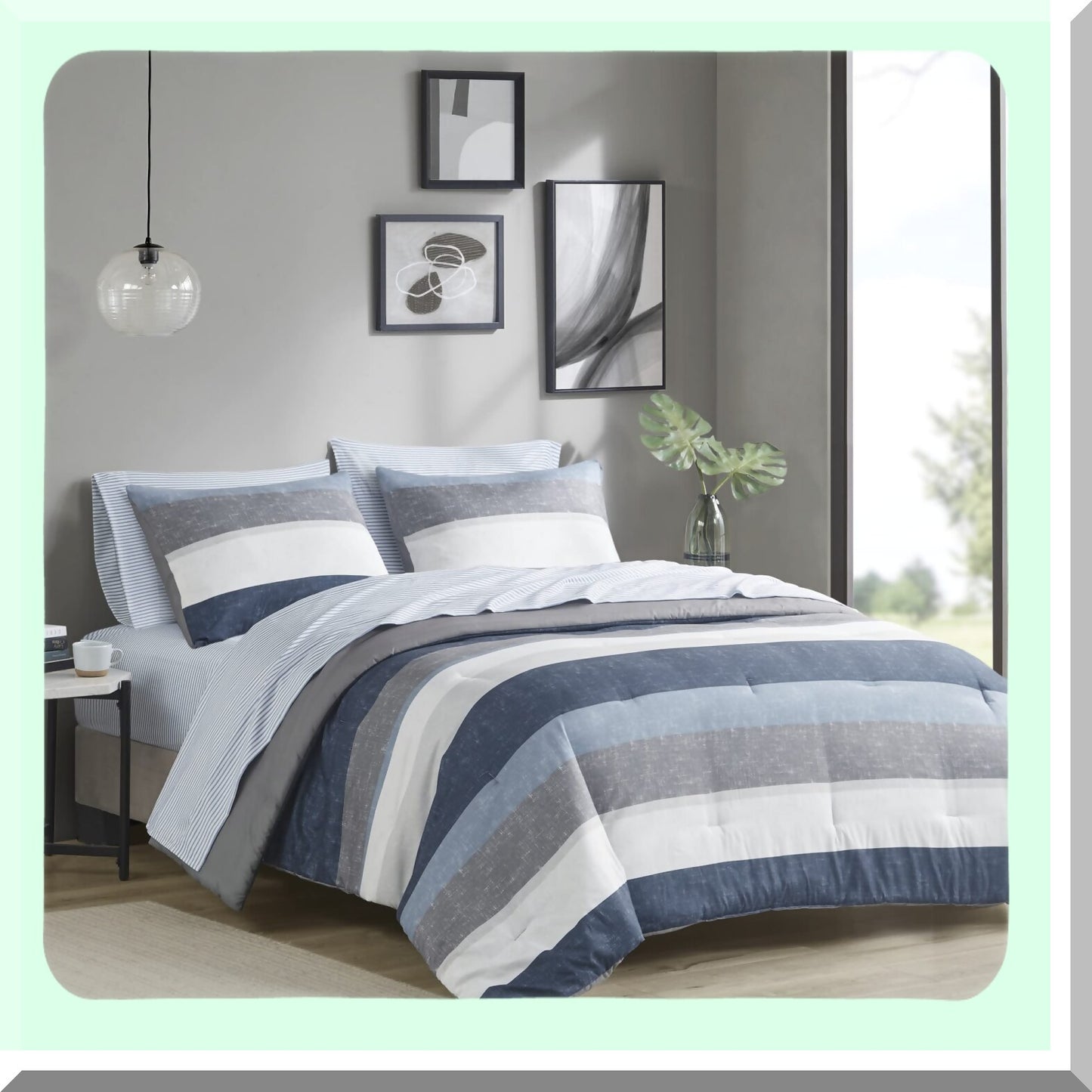 California Blue Stripe Comforter Set - Modern All Season Bedding with Matching Sham & Sheet - Jaxon 7 Piece Bed in a Bag