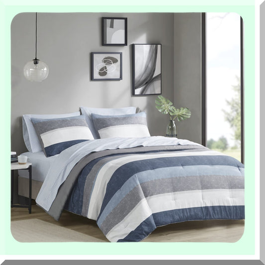 California Blue Stripe Comforter Set - Modern All Season Bedding with Matching Sham & Sheet - Jaxon 7 Piece Bed in a Bag
