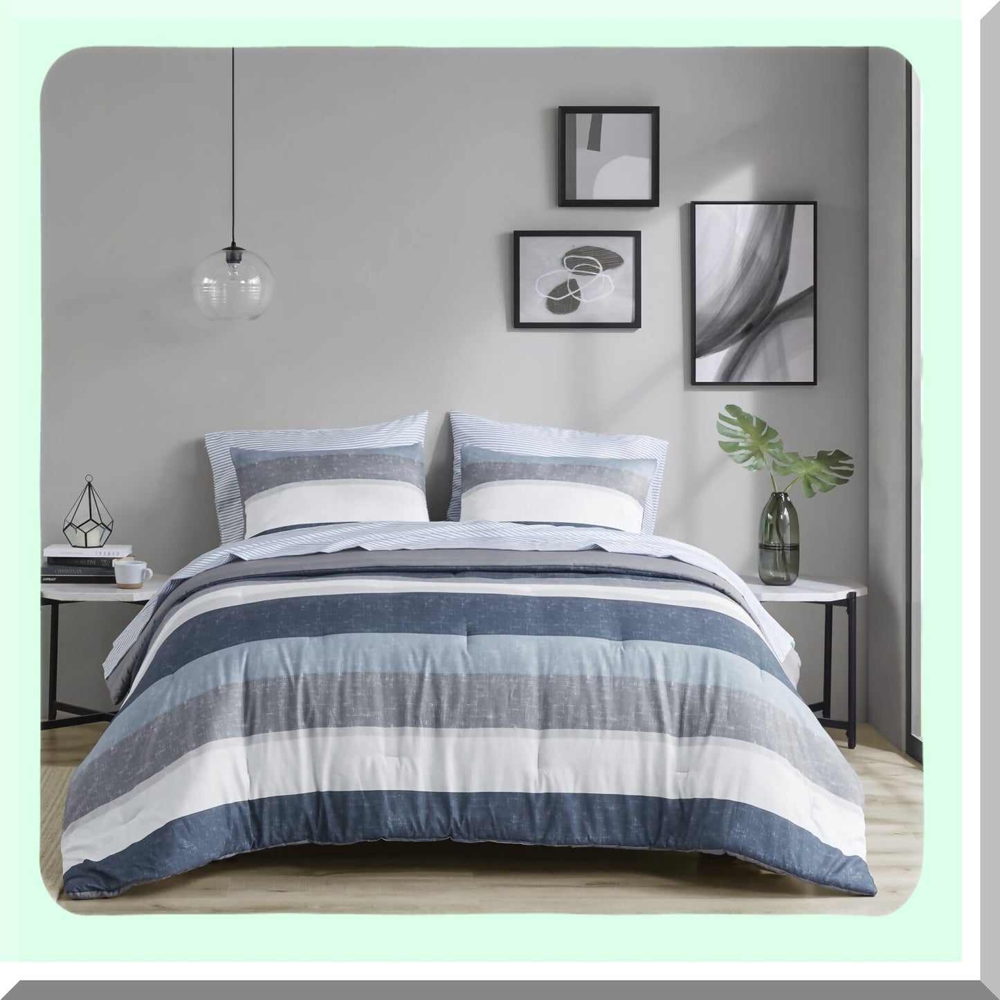 California Blue Stripe Comforter Set - Modern All Season Bedding with Matching Sham & Sheet - Jaxon 7 Piece Bed in a Bag