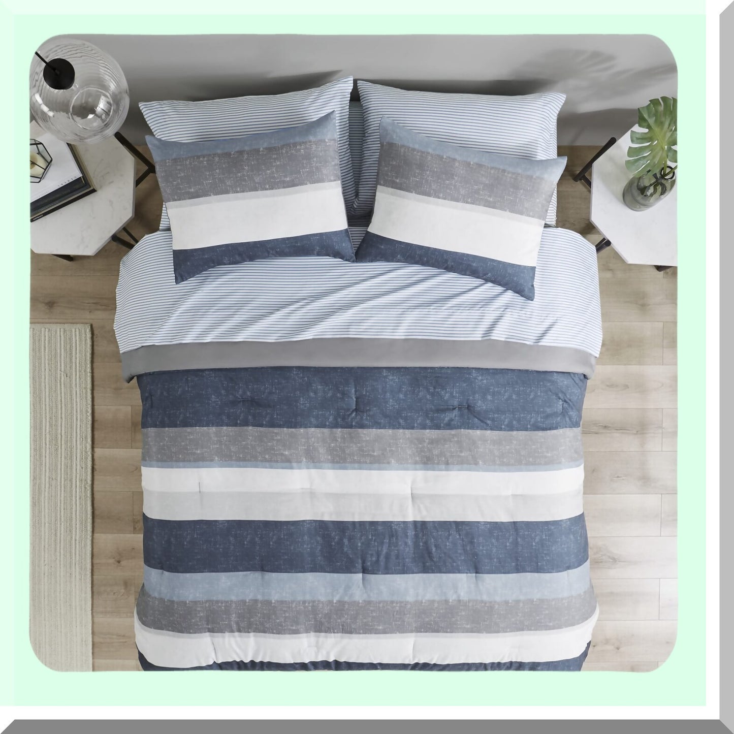 California Blue Stripe Comforter Set - Modern All Season Bedding with Matching Sham & Sheet - Jaxon 7 Piece Bed in a Bag