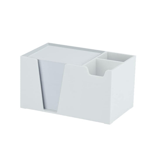 White plastic desktop organizer for pens, paper, and clips