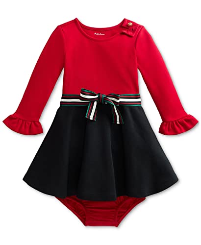 Baby Girls Two Tone Stretch Ponte Dress & Bloomer 2 Piece Set (3 Months, Red(2001)/B)