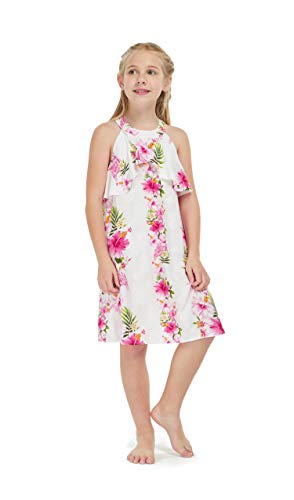 Girl Hawaiian Round Neck with Ruffle Dress in Pink Hibiscus Vine Size 8