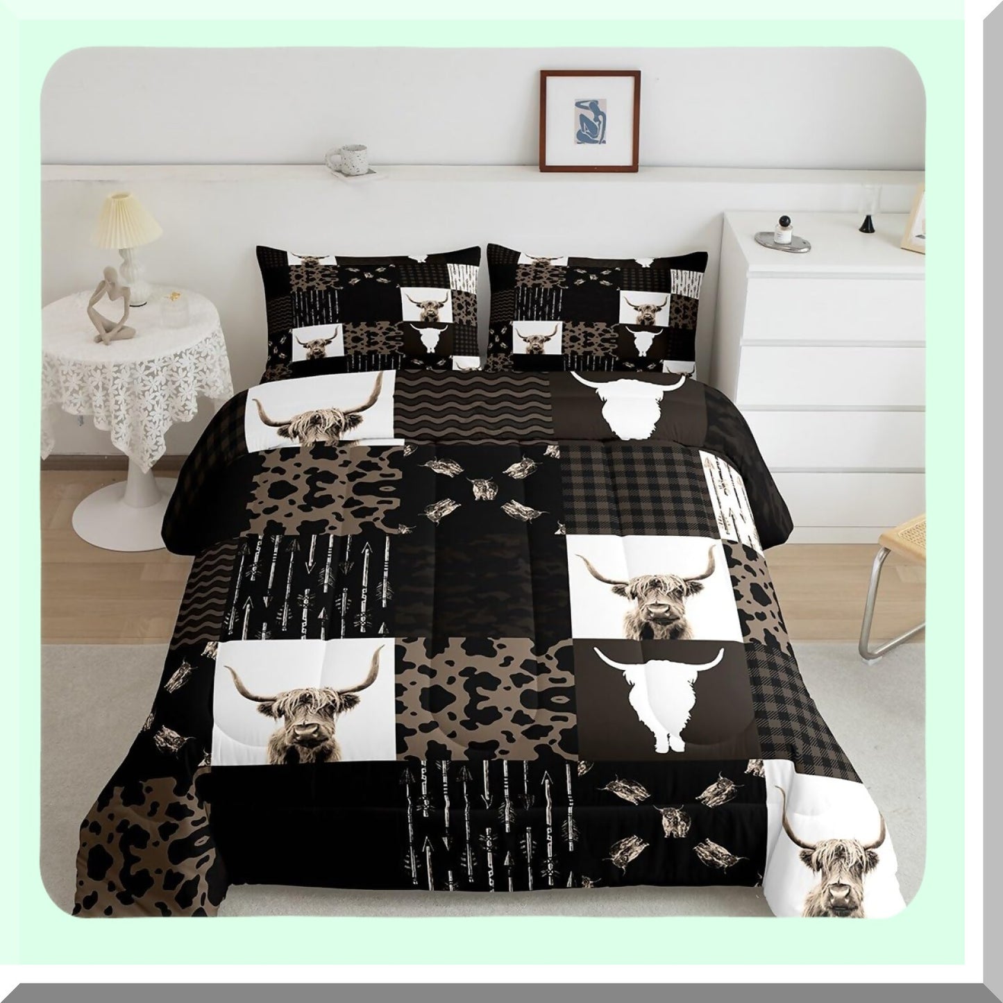 Rustic Farmhouse Cow Print Comforter Set - Highland Cattle Duvet Quilt - Retro Country Style Bedding - Twin Size with 1 Pillowcase