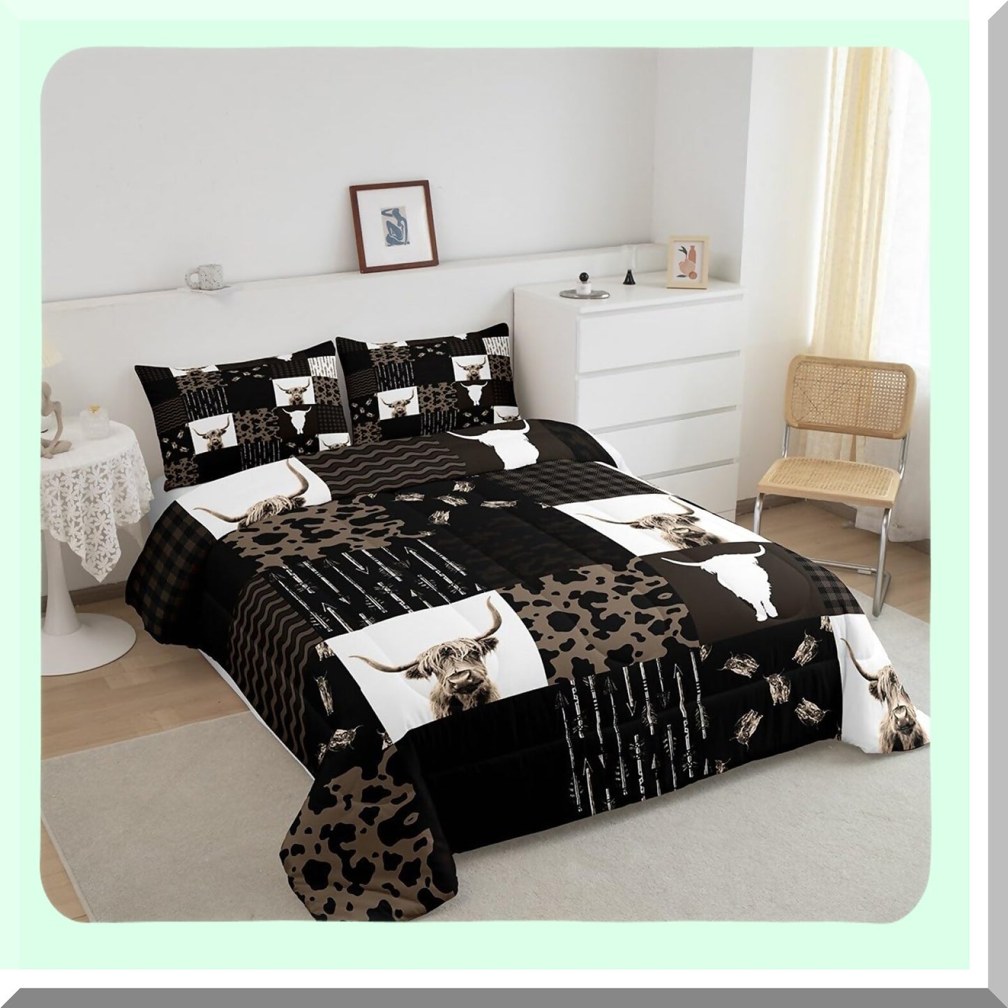 Rustic Farmhouse Cow Print Comforter Set - Highland Cattle Duvet Quilt - Retro Country Style Bedding - Twin Size with 1 Pillowcase