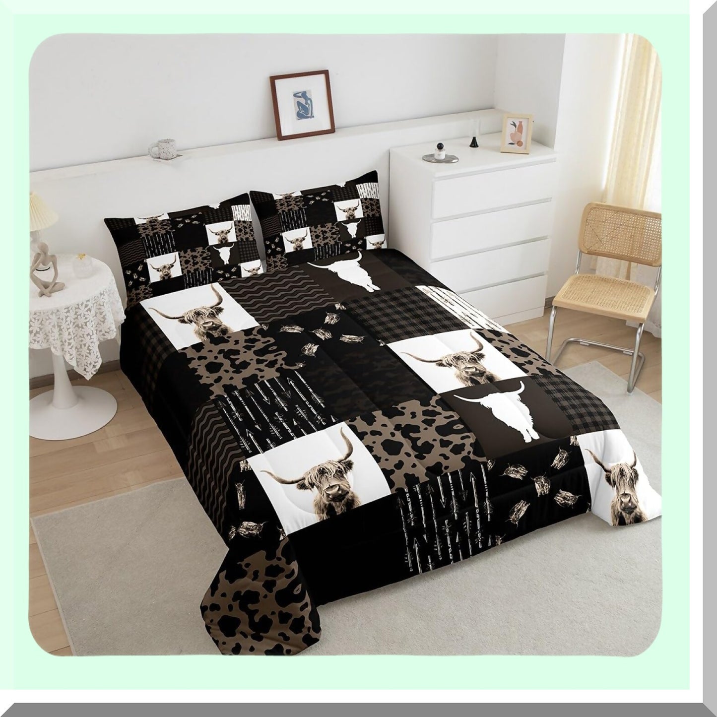 Rustic Farmhouse Cow Print Comforter Set - Highland Cattle Duvet Quilt - Retro Country Style Bedding - Twin Size with 1 Pillowcase