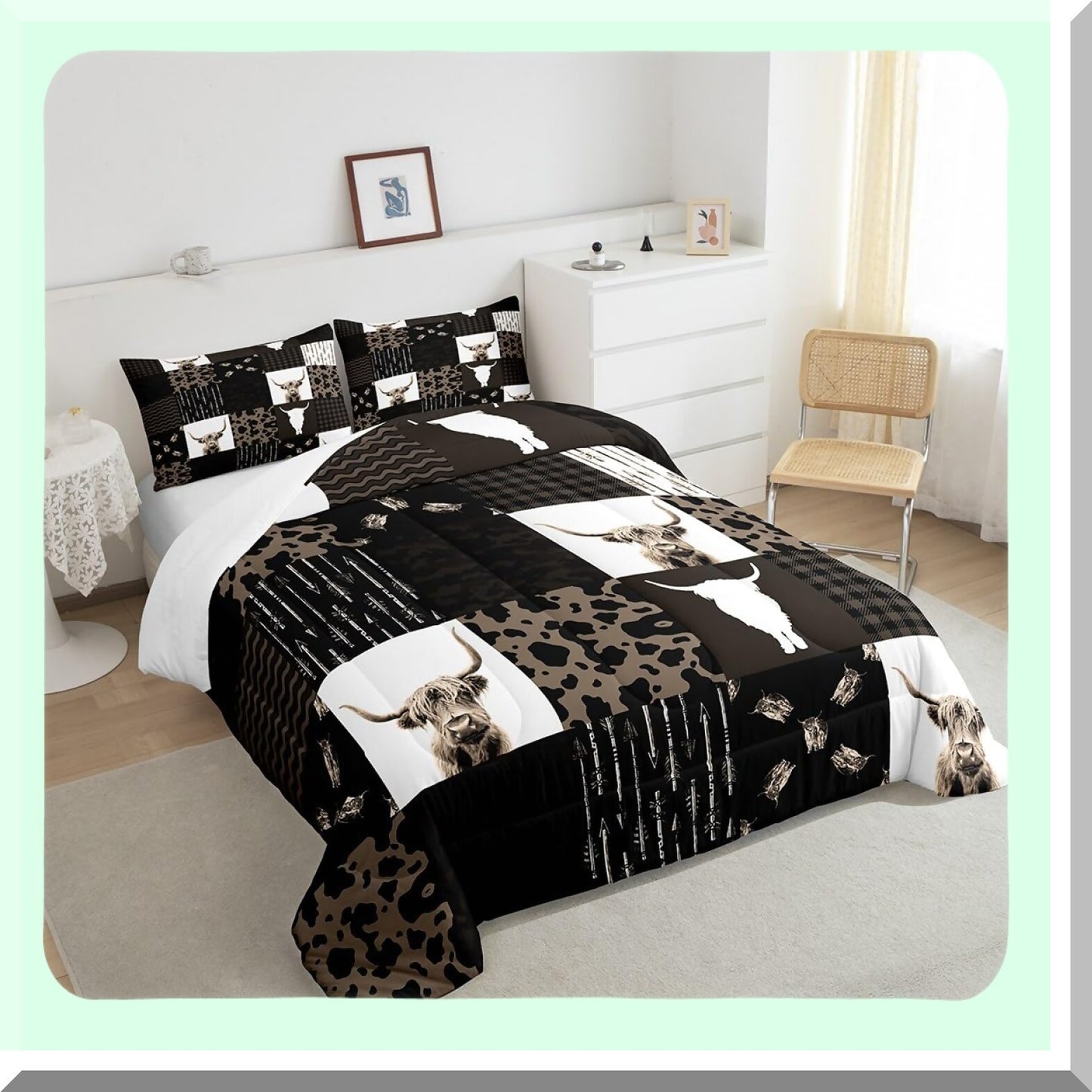 Rustic Farmhouse Cow Print Comforter Set - Highland Cattle Duvet Quilt - Retro Country Style Bedding - Twin Size with 1 Pillowcase