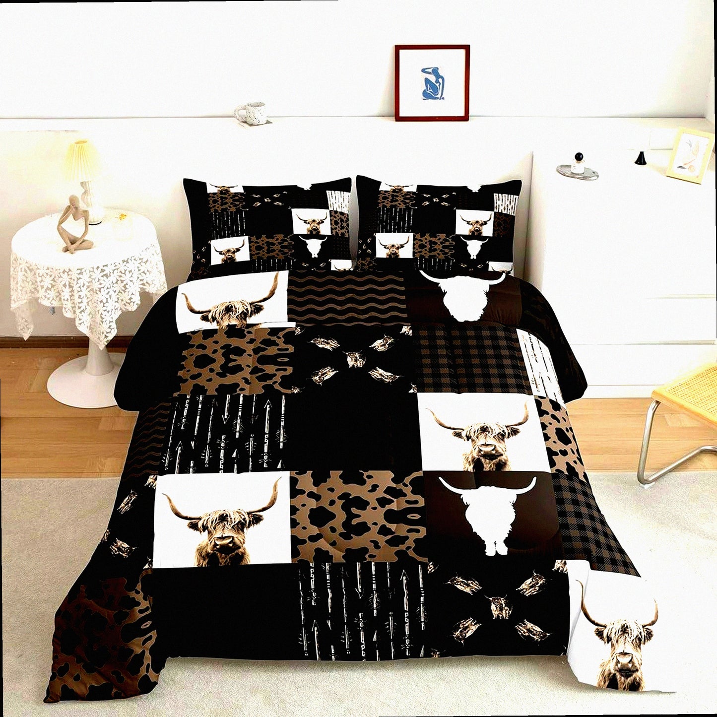 Rustic Farmhouse Cow Print Comforter Set - Highland Cattle Duvet Quilt - Retro Country Style Bedding - Twin Size with 1 Pillowcase